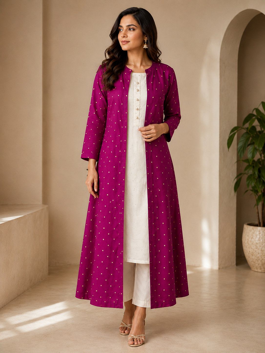 Magenta Long Jacket Kurta Set