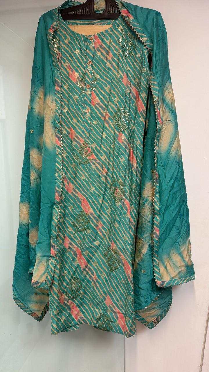 Teal Leheriya Printed Straight Kurta Set with Dupatta