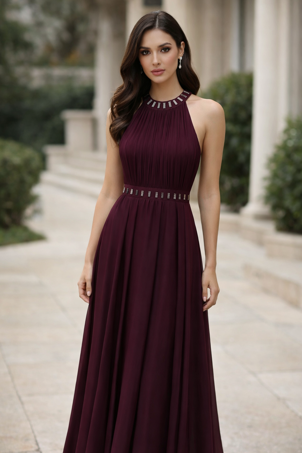 Wine Embellished Halter Neck Maxi Gown