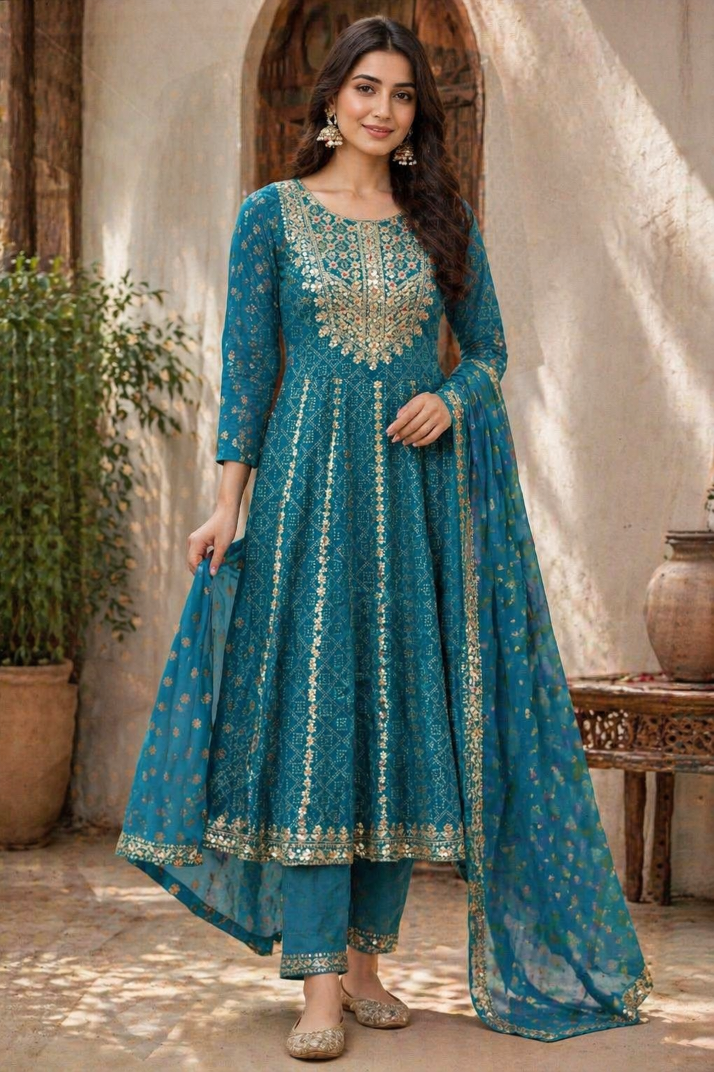 Teal Embroidered Anarkali Suit Set with Dupatta