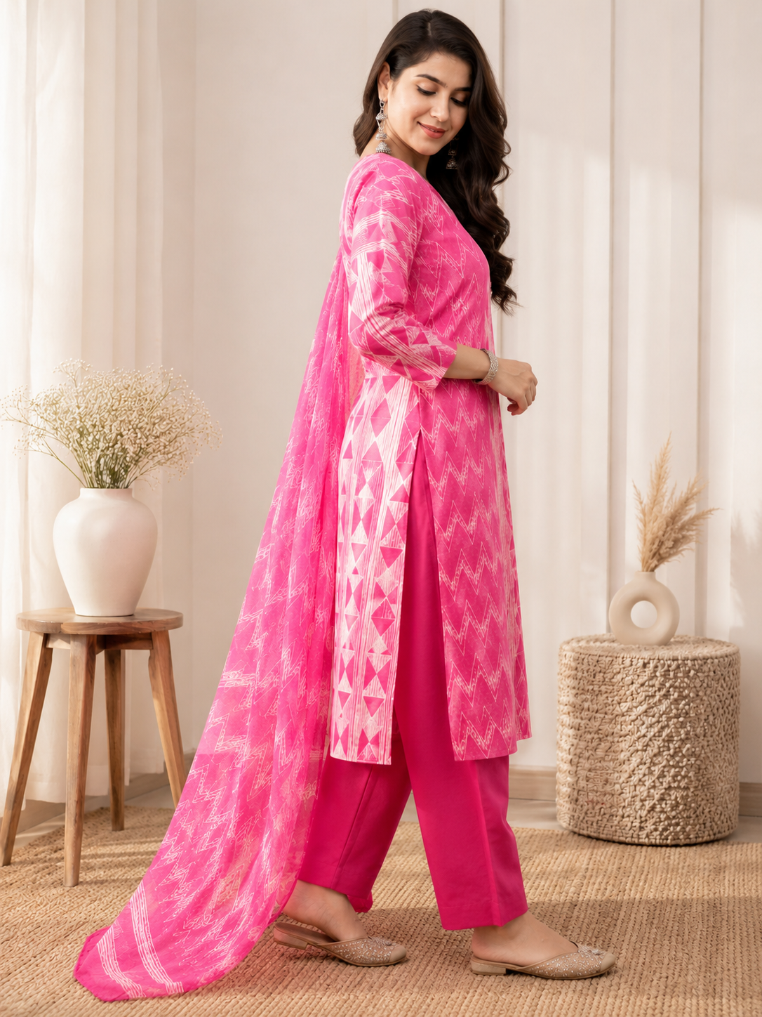Pink Shibori Print Cotton Kurta Set with Kota Dupatta