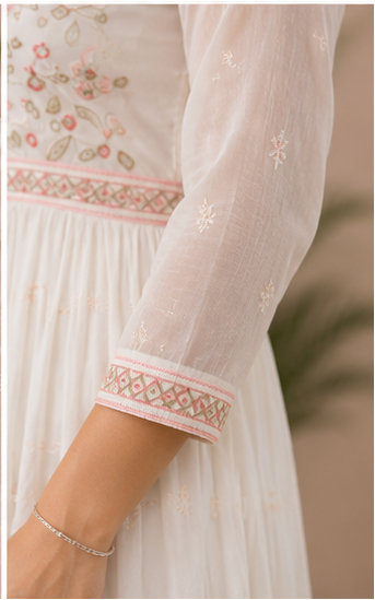 White Cotton Floral Embroidered Anarkali Kurta