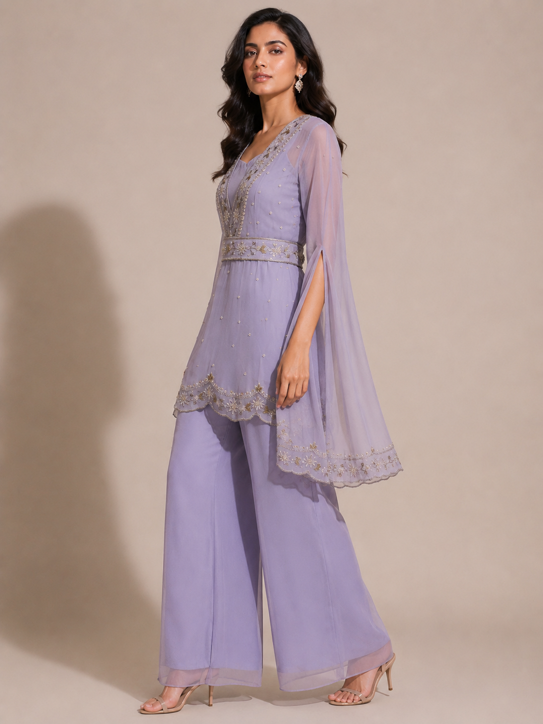Lilac Embroidered Cape Kurta Set