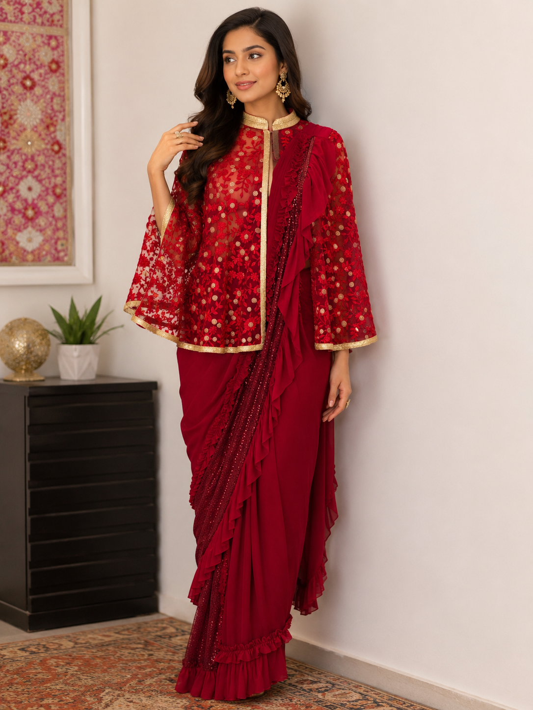 Pre Draped Saree with Net Floral Cape
