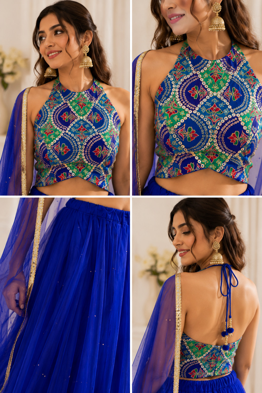 Royal Blue Net Lehenga Set with Embroidered Halter Neck Blouse
