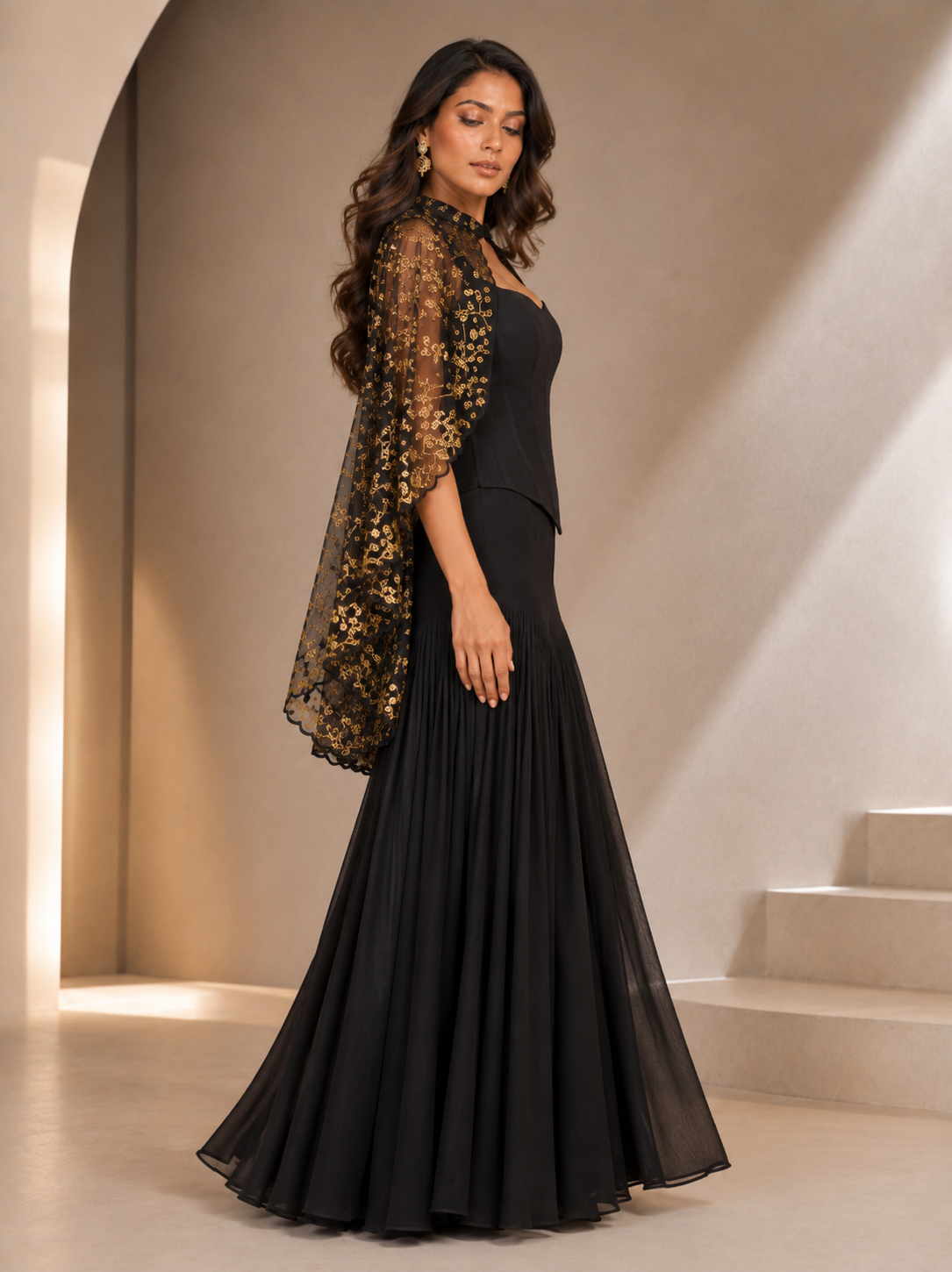 Midnight Black Corset Sharara Set with floral Embroidered net Cape