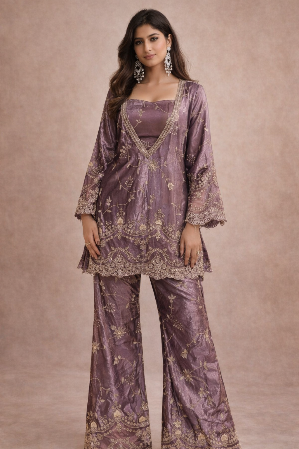 Mauve Embroidered Three-Piece Co-Ord Set