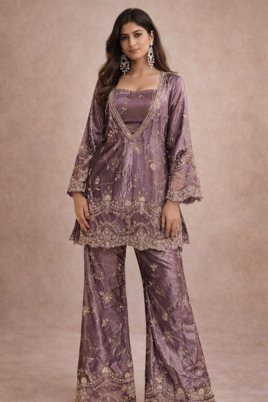 Mauve Embroidered Three-Piece Co-Ord Set