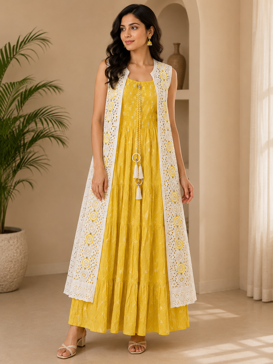 Sunshine Yellow Tiered Maxi Dress with Schiffli Jacket