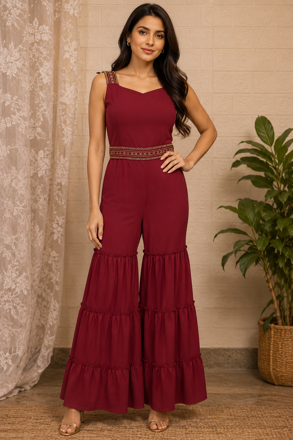 Wine Embroidered Crepe Sharara Jumpsuit