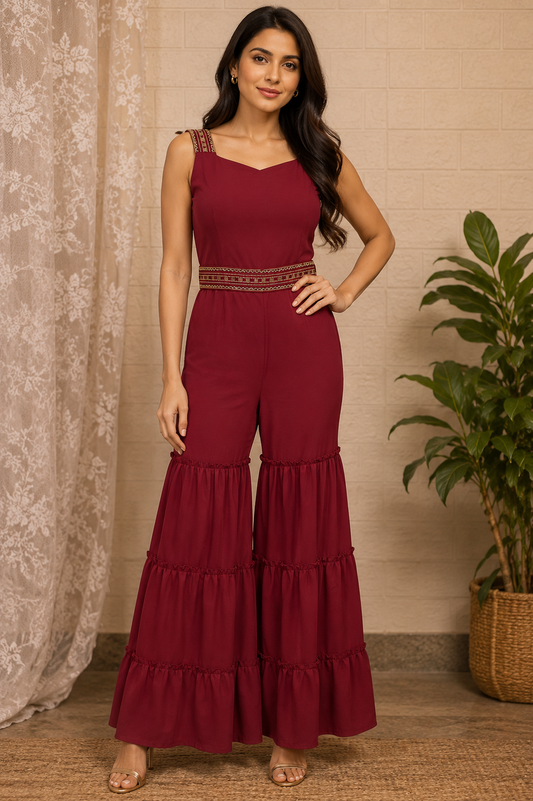 Wine Embroidered Crepe Sharara Jumpsuit