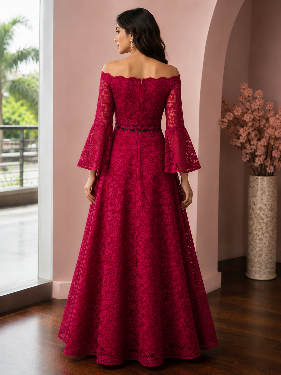 Magenta Floral Lace Off-Shoulder Evening Gown
