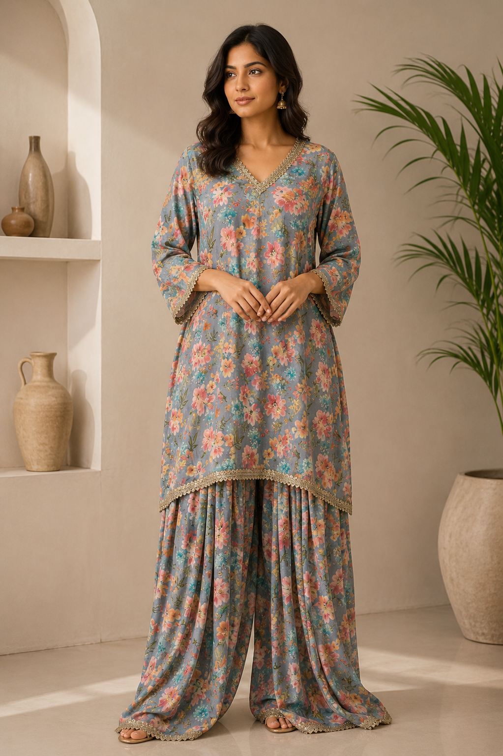 Pastel Floral Kurta with Printed Farshi Salwar Set