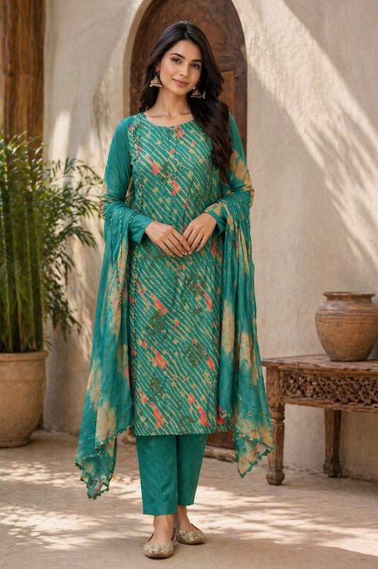 Teal Leheriya Printed Straight Kurta Set with Dupatta
