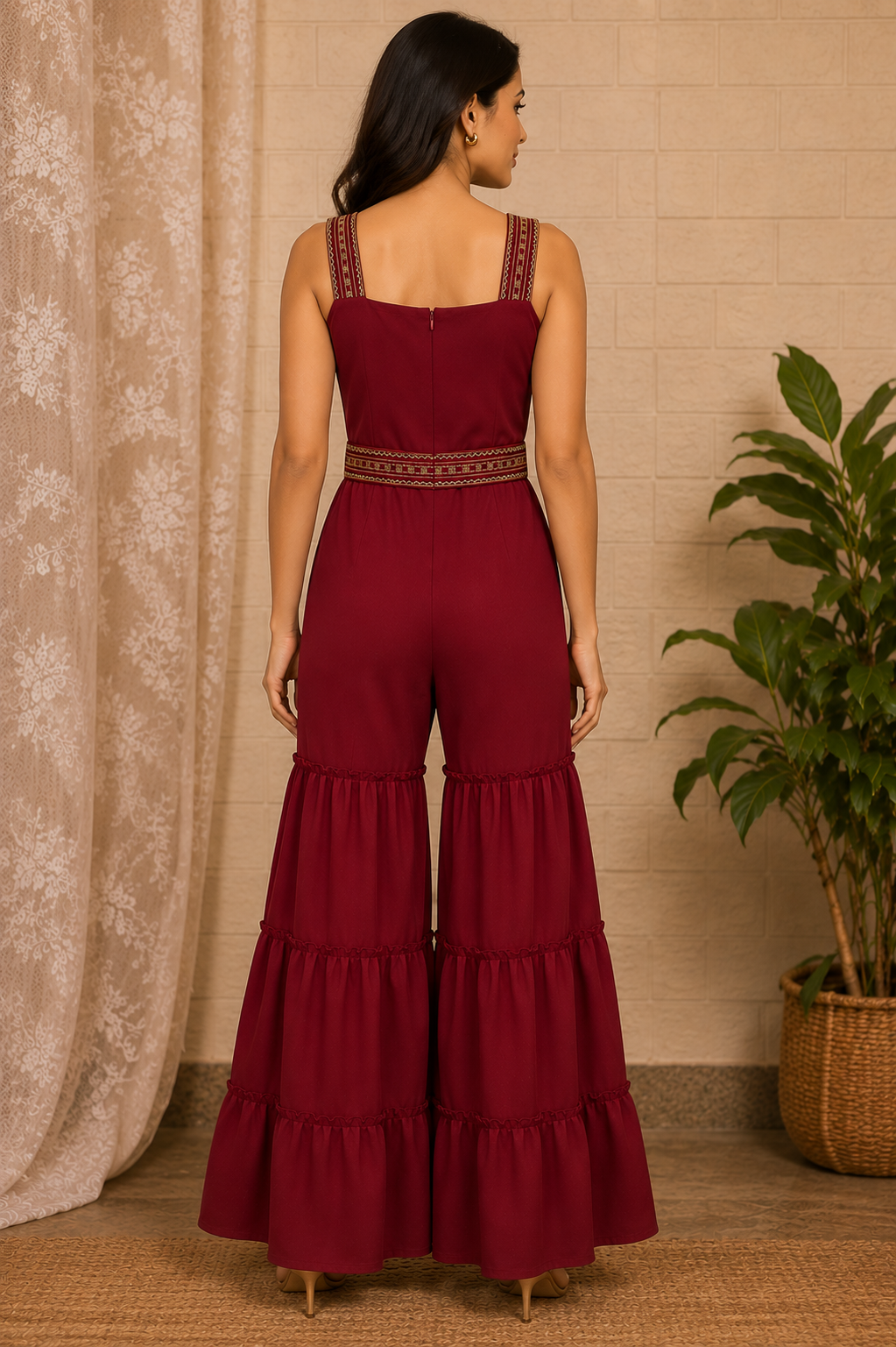 Wine Embroidered Crepe Sharara Jumpsuit