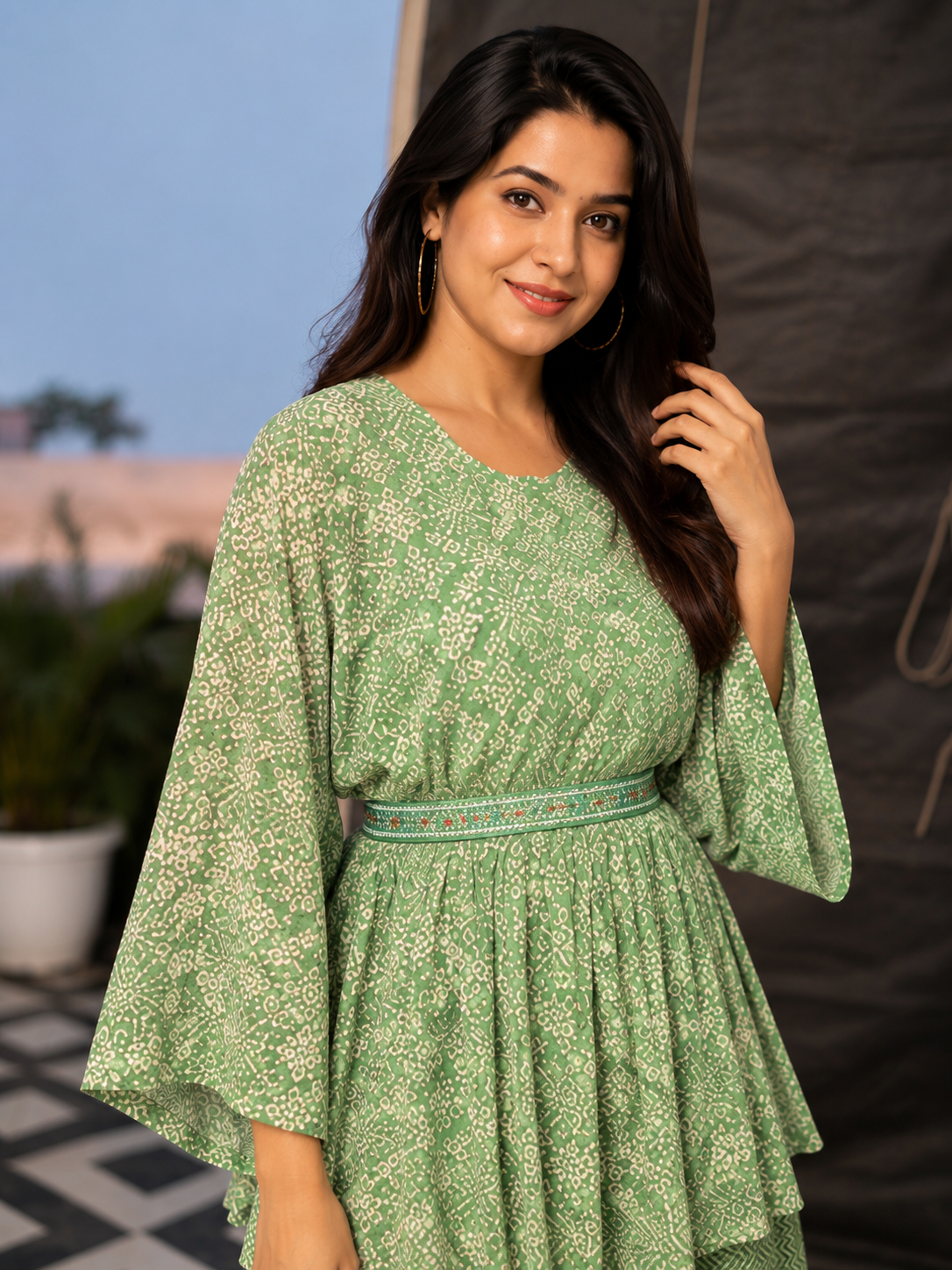 Sage Green Printed Peplum Sharara Set