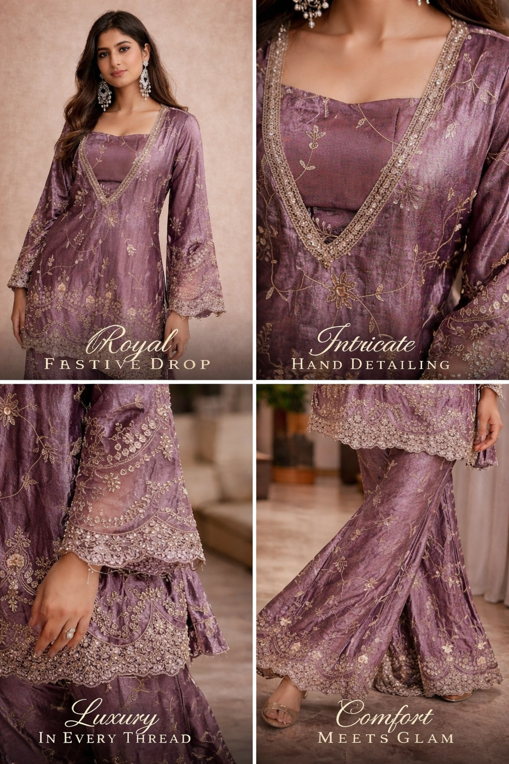 Mauve Embroidered Three-Piece Co-Ord Set