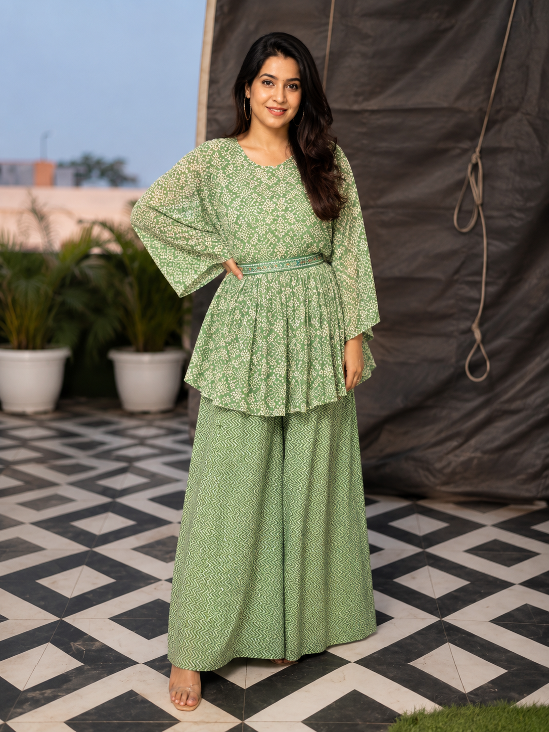 Sage Green Printed Peplum Sharara Set
