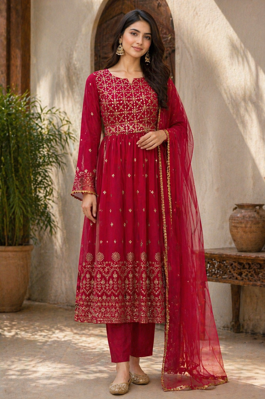 Magenta 4 Pc Embroidered Straight Aline Suit Set with Dupatta