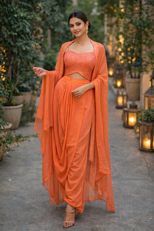 Peach Orange Embroidered Crop Top with Draped Dhoti Pant & Cape Set