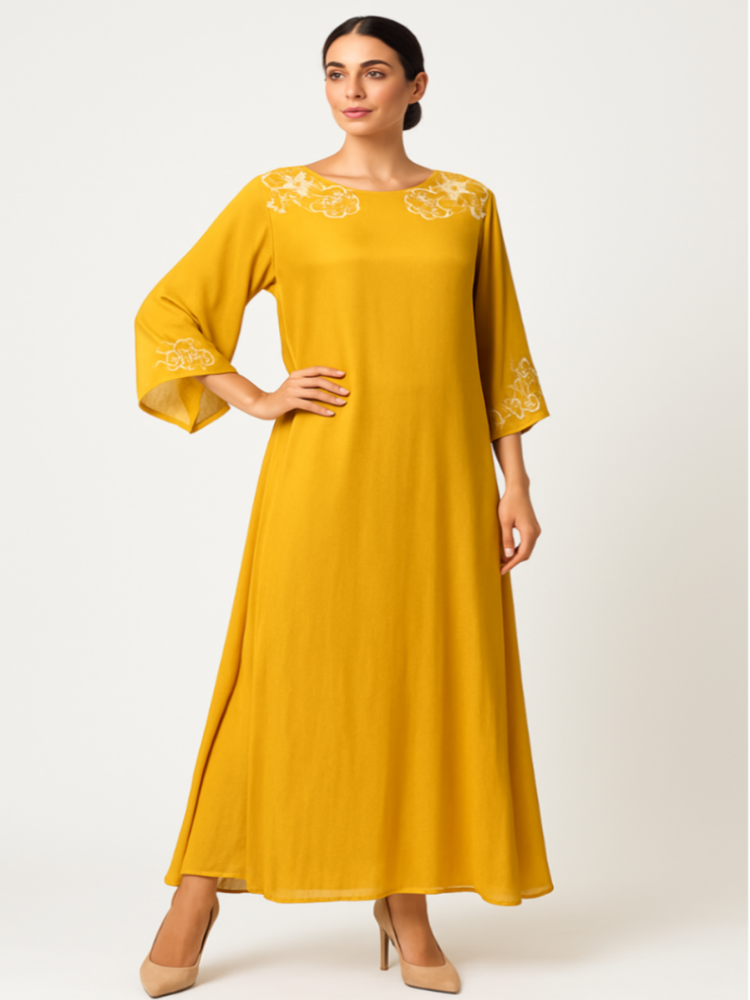 3 Pc Yellow Embroidered Kaftan Set