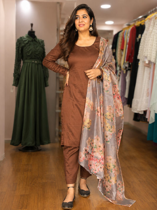 Mocha Cotton Kurta Set with Floral Organza Dupatta