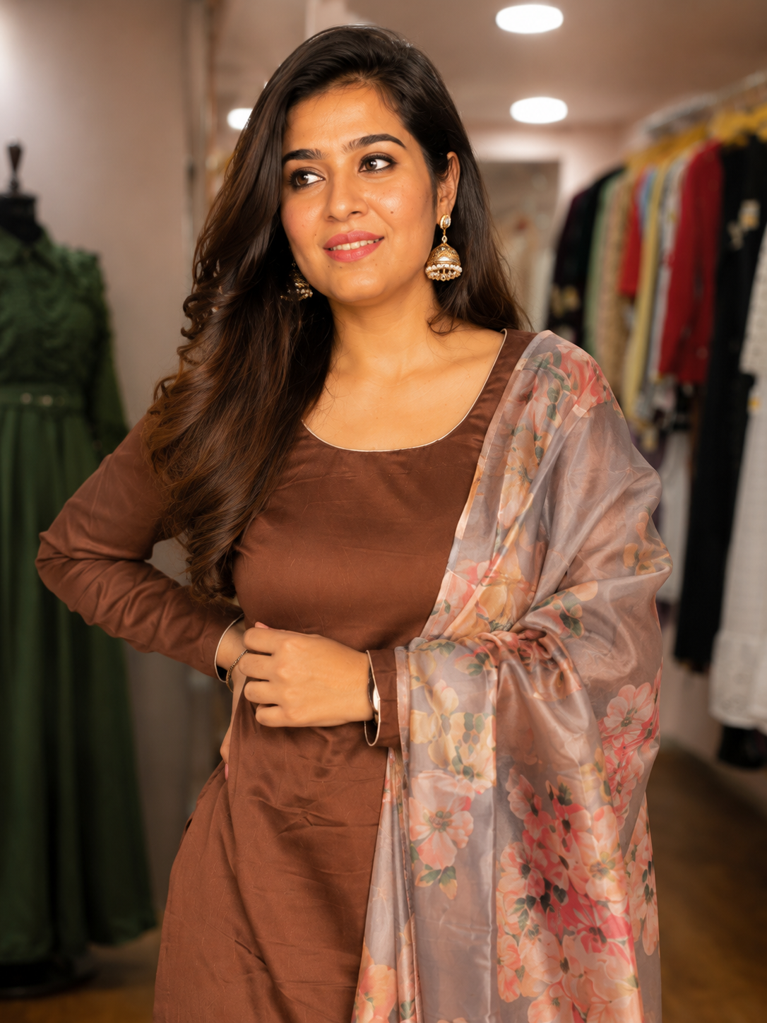 Mocha Cotton Kurta Set with Floral Organza Dupatta