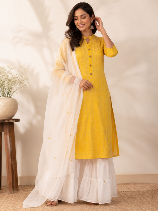 Yellow Kurta Sharara Set with White Dupatta