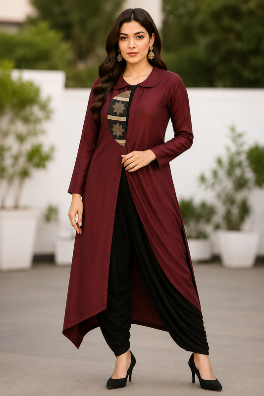Burgundy Fusion Drape Kurta Set