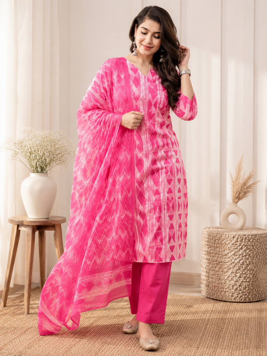 Pink Shibori Print Cotton Kurta Set with Kota Dupatta