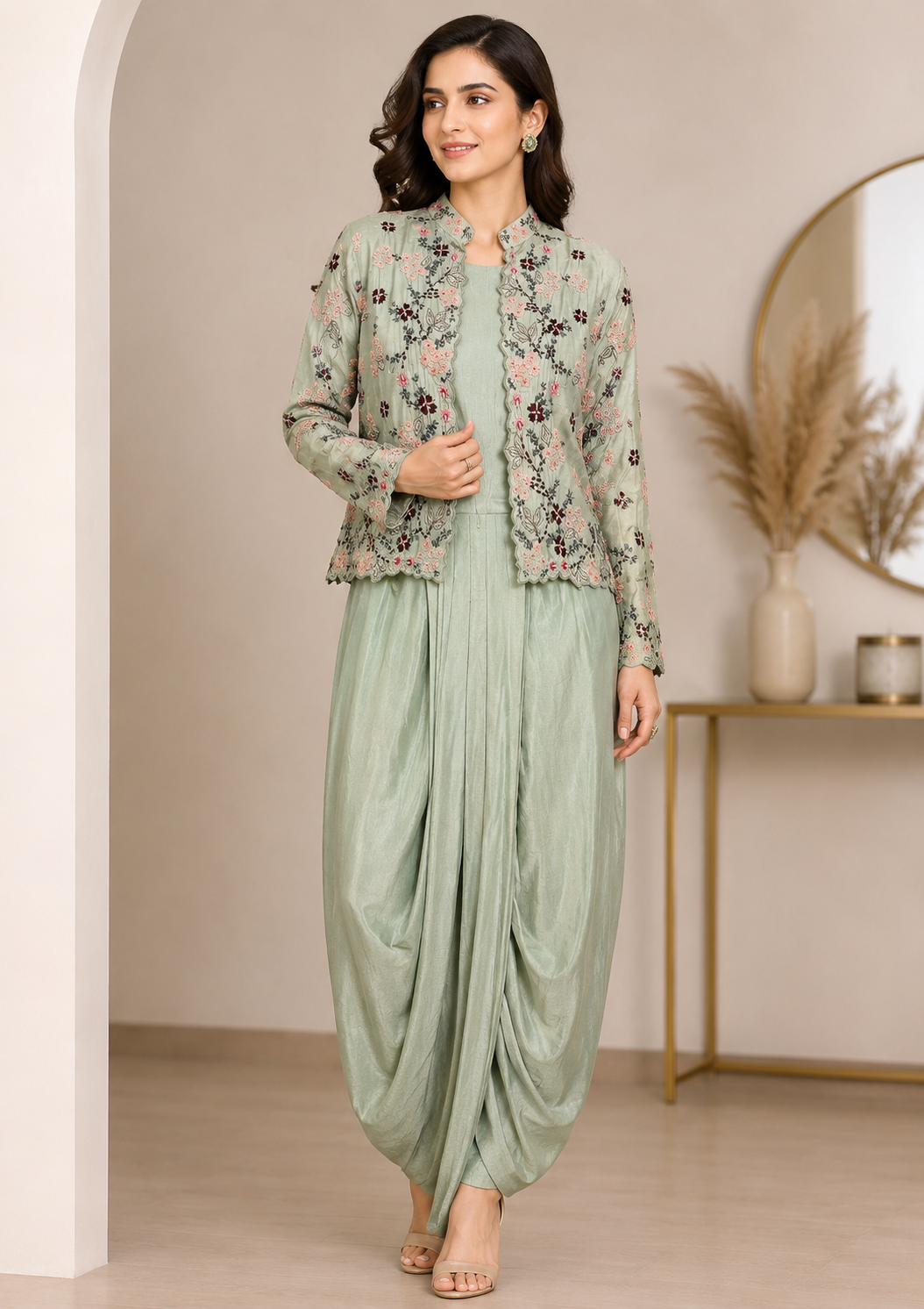 Sage Dupion Silk Drape Dress with Embroidered Jacket