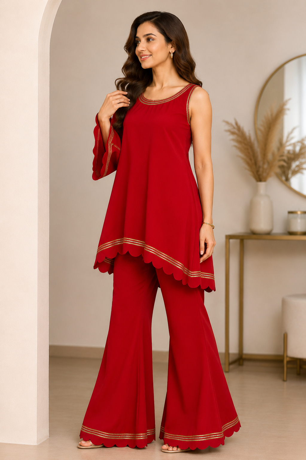 Ruby Red Asymmetrical Crepe Kurta Set with Bell Bottom Pants