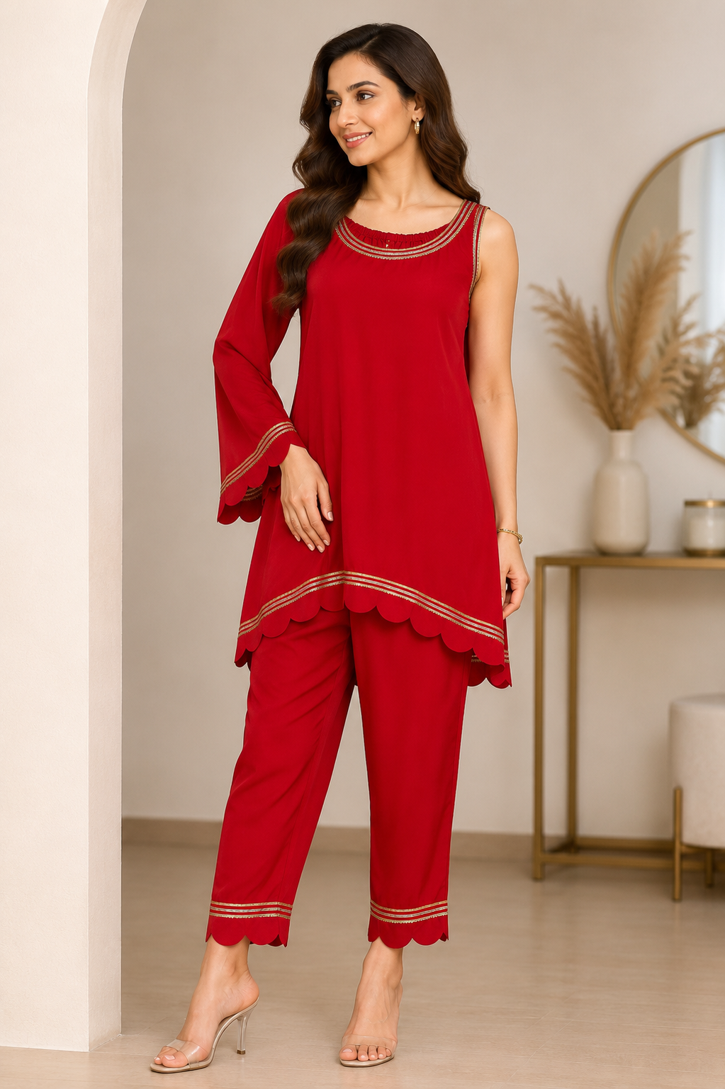 Ruby Red Asymmetrical Crepe Kurta Set with Bell Bottom Pants