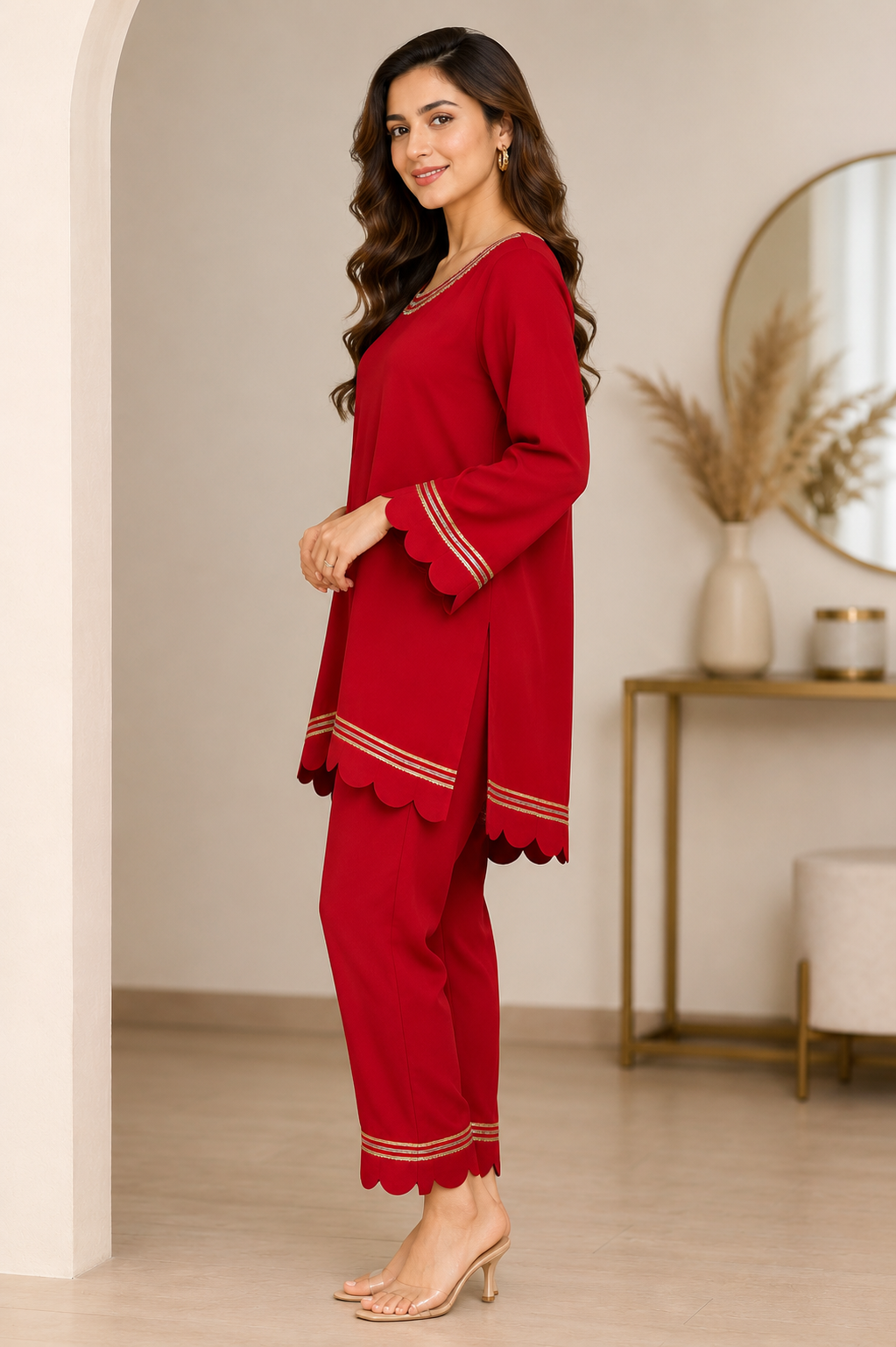 Ruby Red Asymmetrical Crepe Kurta Set with Bell Bottom Pants