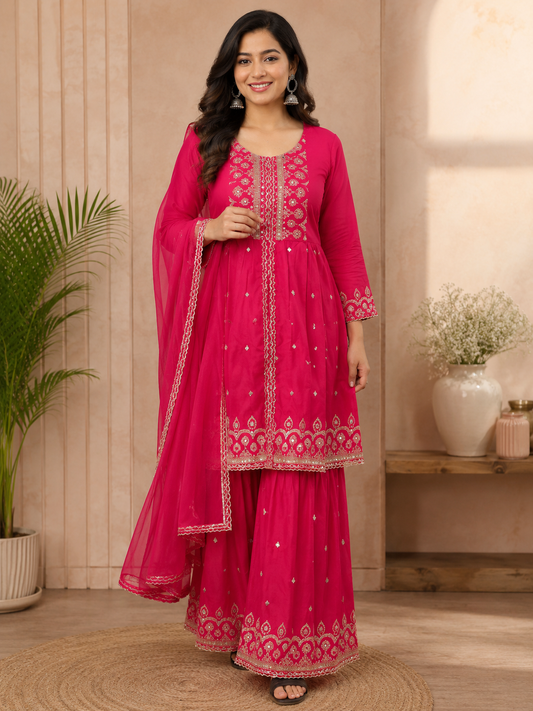 Magenta Cotton Embroidered Kurta Sharara Set with Dupatta