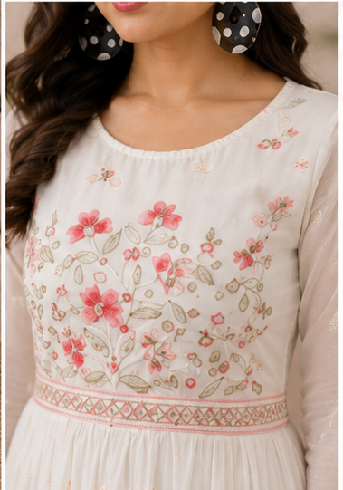 White Cotton Floral Embroidered Anarkali Kurta