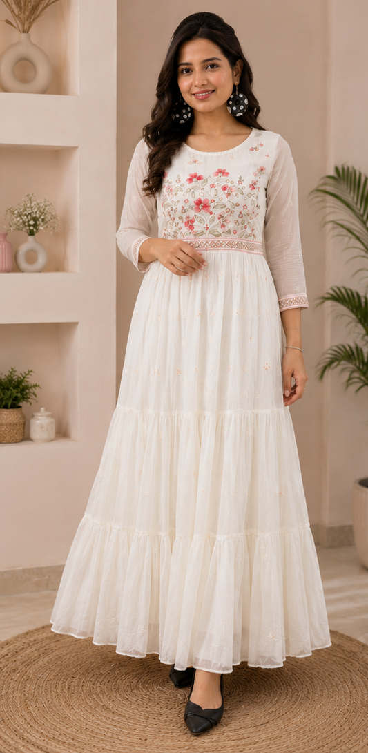 White Cotton Floral Embroidered Anarkali Kurta