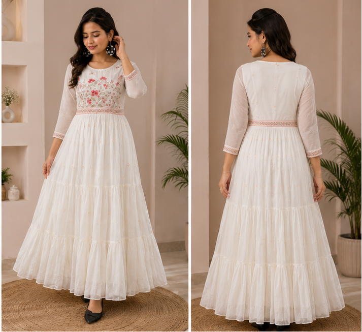 White Cotton Floral Embroidered Anarkali Kurta