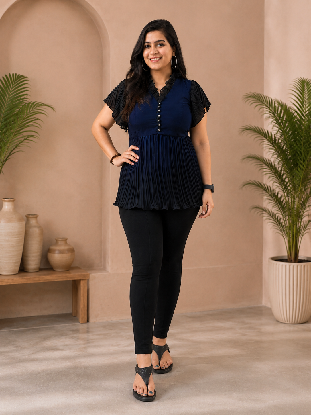 Navy Blue & Black Crepe Pleated Top