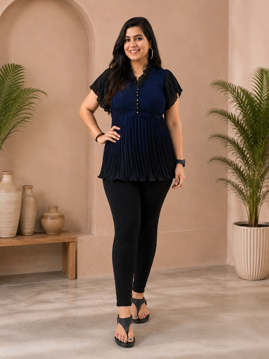 Navy Blue & Black Crepe Pleated Top