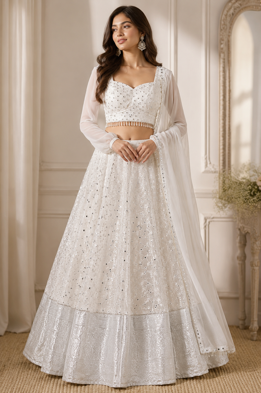 Ivory Mirror Work Lehenga Set