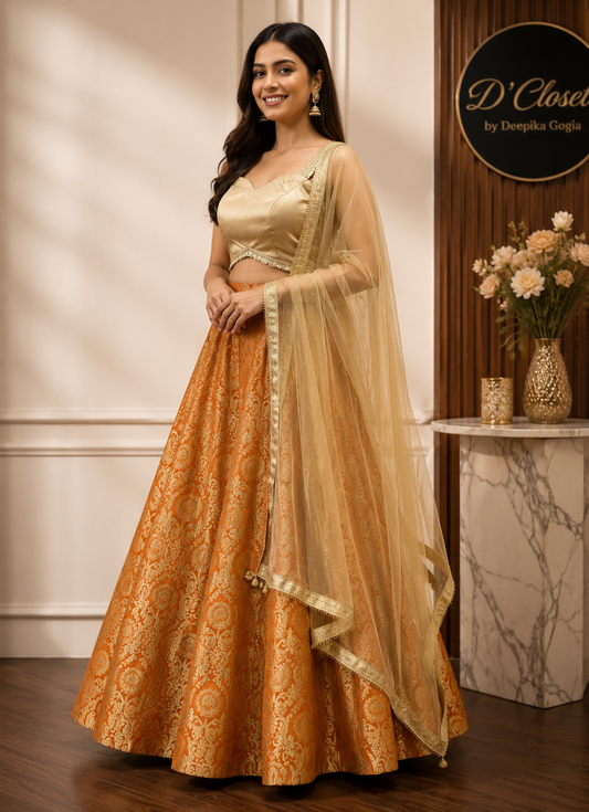 Orange Brocade Lehenga Set with Champagne Gold Blouse