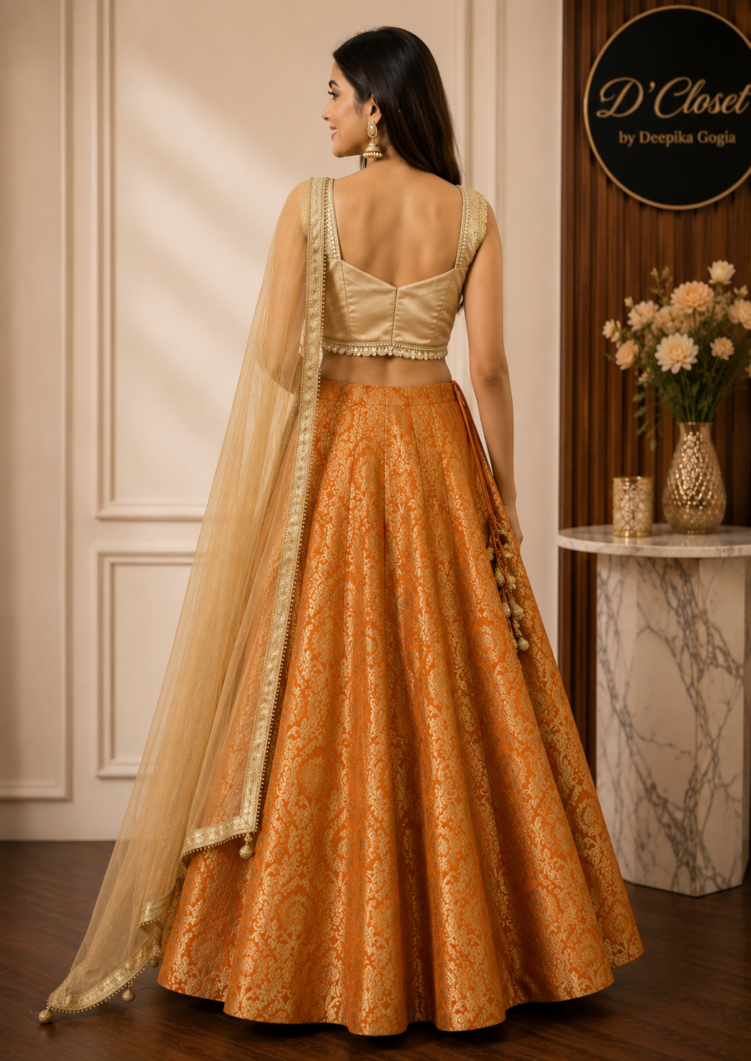 Orange Brocade Lehenga Set with Champagne Gold Blouse
