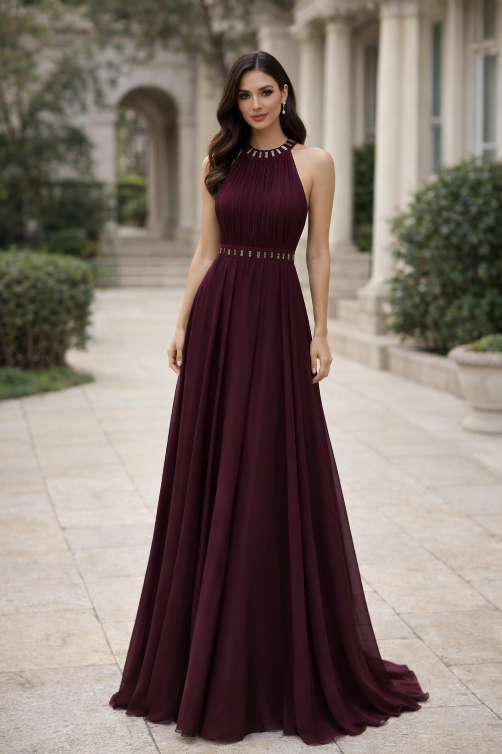 Wine Embellished Halter Neck Maxi Gown