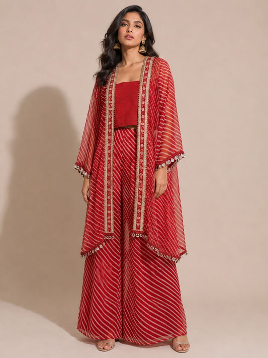 Red Leheriya Shrug Set
