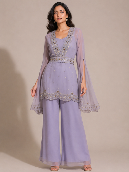 Lilac Embroidered Cape Kurta Set