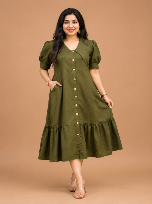 Olive Linen Collared Midi Dress