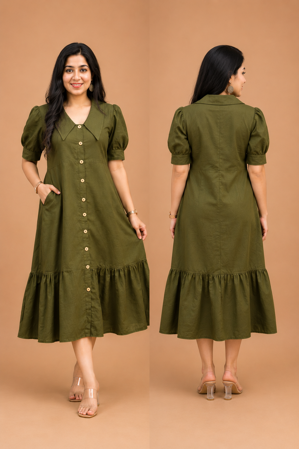 Olive Linen Collared Midi Dress