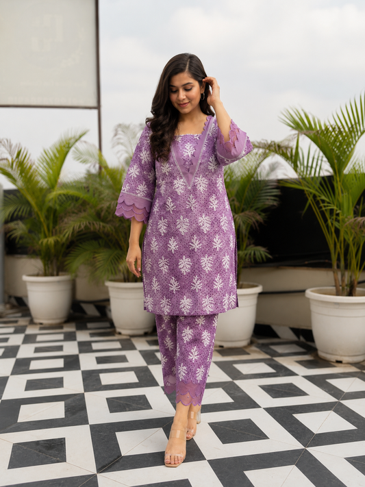 Lavender Printed Kurta & Straight Pants Set