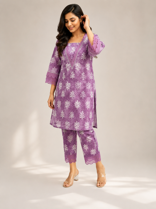 Lavender Printed Kurta & Straight Pants Set